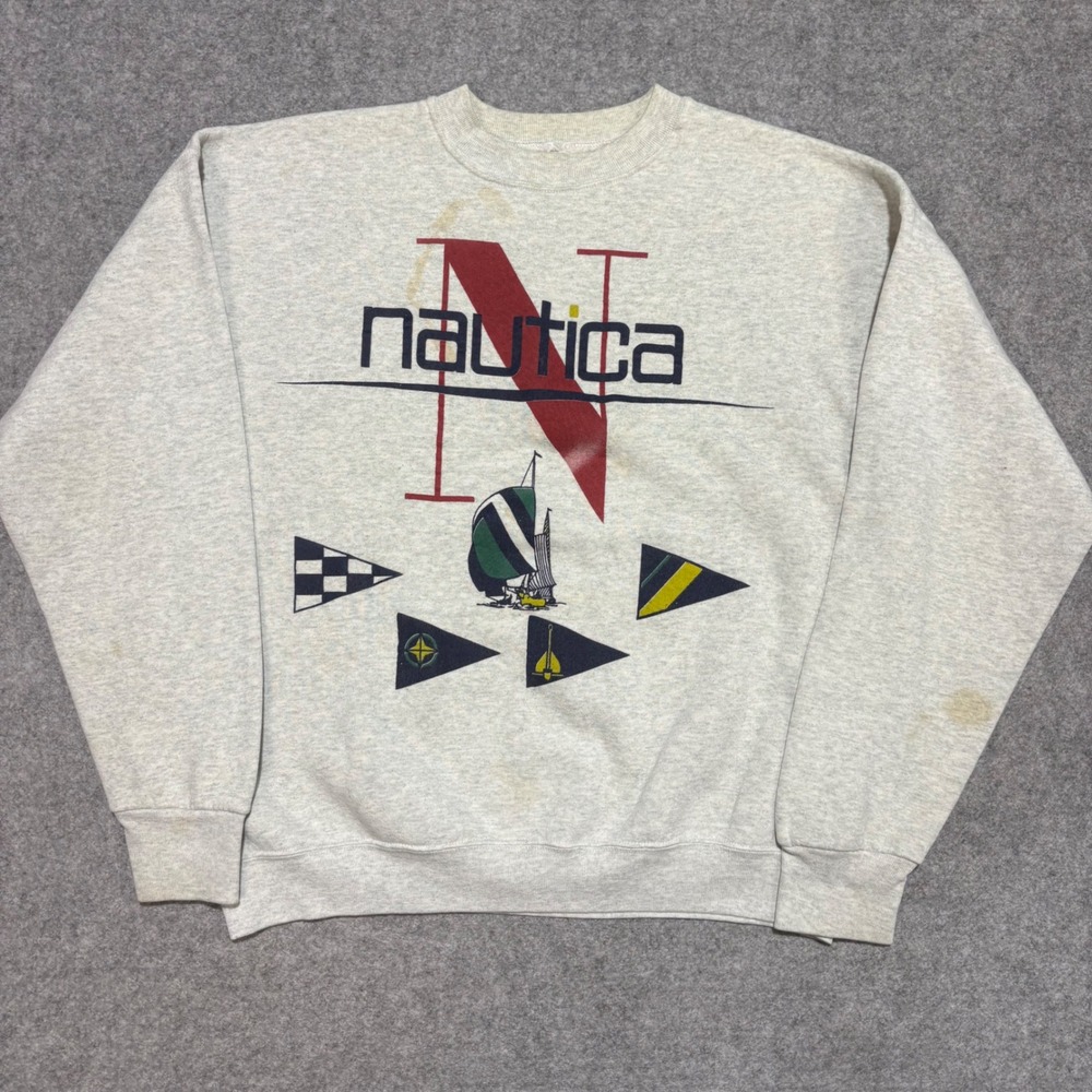 Vintage Nautica Graphic Sweatshirt Mens XL Gray Nautical Sailboat Flags Crewneck
